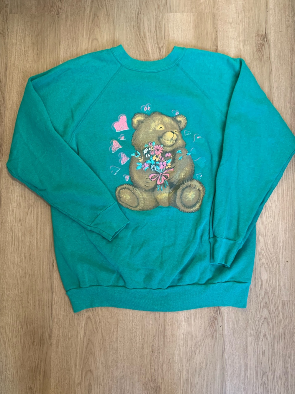 VTG 90s Teddy Bear Green Crewneck Pullover Sweatshirt Bouquet Pink Flowers XL